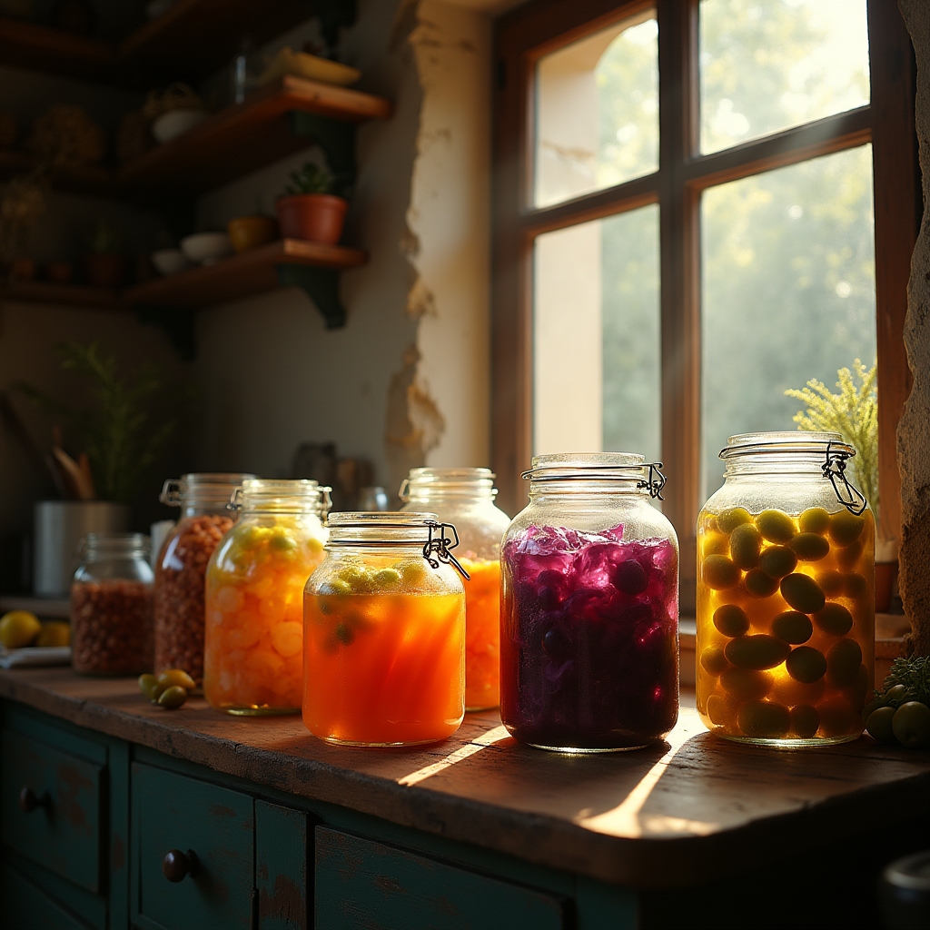 Vasetti di verdure fermentate su un tavolo di legno rustico con erbe aromatiche fresche