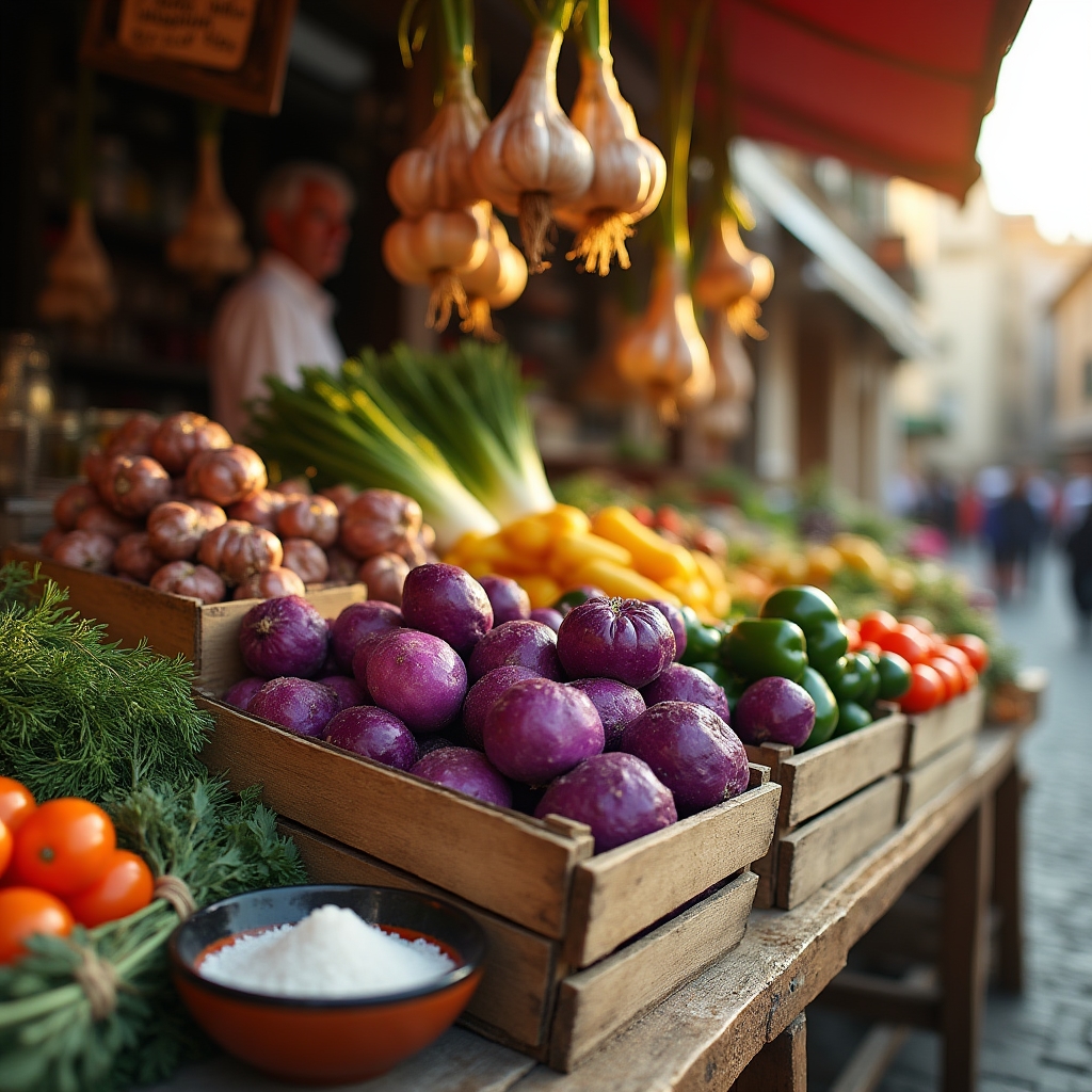 Mercato locale italiano con ortaggi freschi di stagione, barattoli di sale marino e erbe aromatiche disposte su un bancone di pietra