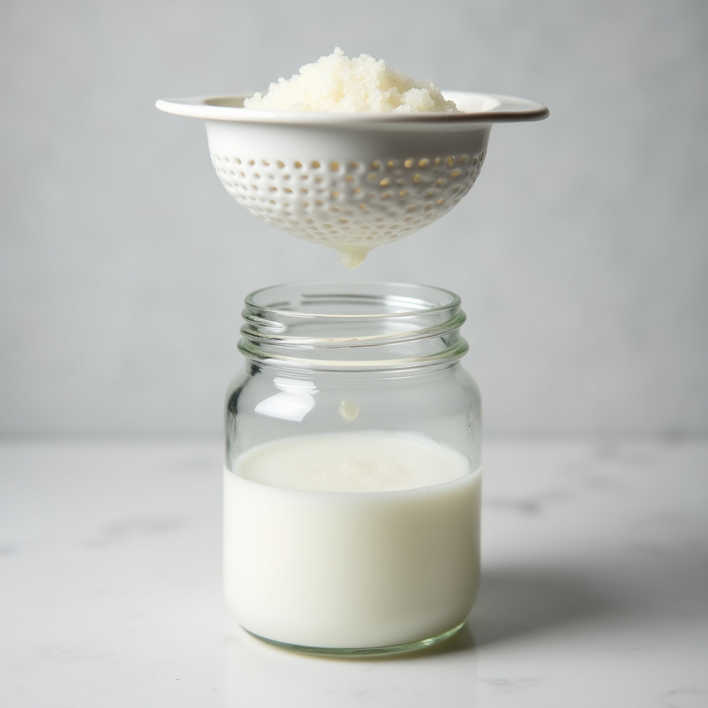 Grani di kefir bianchi e gelatinosi in un colino di plastica sopra un barattolo di vetro con kefir liquido bianco, su sfondo neutro grigio chiaro