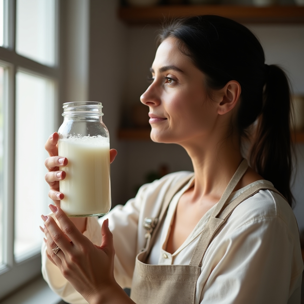 Persona che esamina attentamente un vasetto di kefir tenuto contro la luce naturale di una finestra
