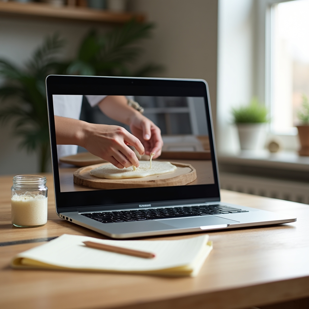 Schermo di laptop che mostra una lezione video di fermentazione con appunti scritti a mano accanto