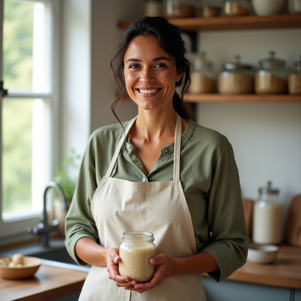 Donna italiana di circa 45 anni in grembiule di lino, sorridente, che mostra un barattolo di lievito madre in una cucina domestica luminosa
