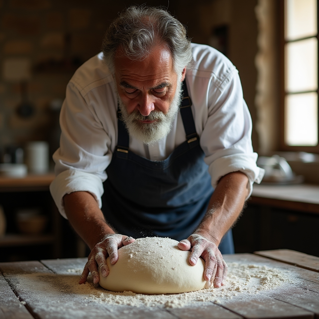 Uomo italiano di circa 50 anni con barba grigia, concentrato mentre lavora un impasto di pane su un piano di legno infarinato in una cucina rustica