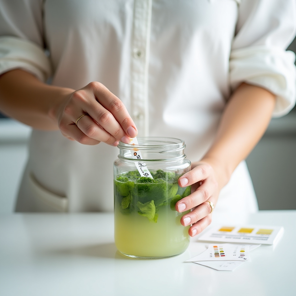 Persona che controlla il pH di un barattolo di verdure fermentate con cartine tornasole in una cucina domestica luminosa