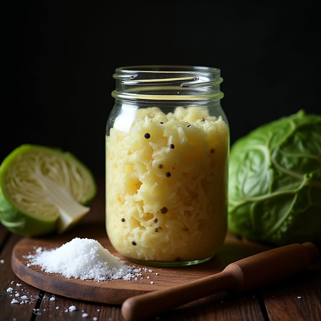 Barattolo di vetro aperto pieno di crauti di cavolo cappuccio fermentati con grani di pepe nero visibili, su un tavolo di legno scuro con cavolo fresco tagliato accanto