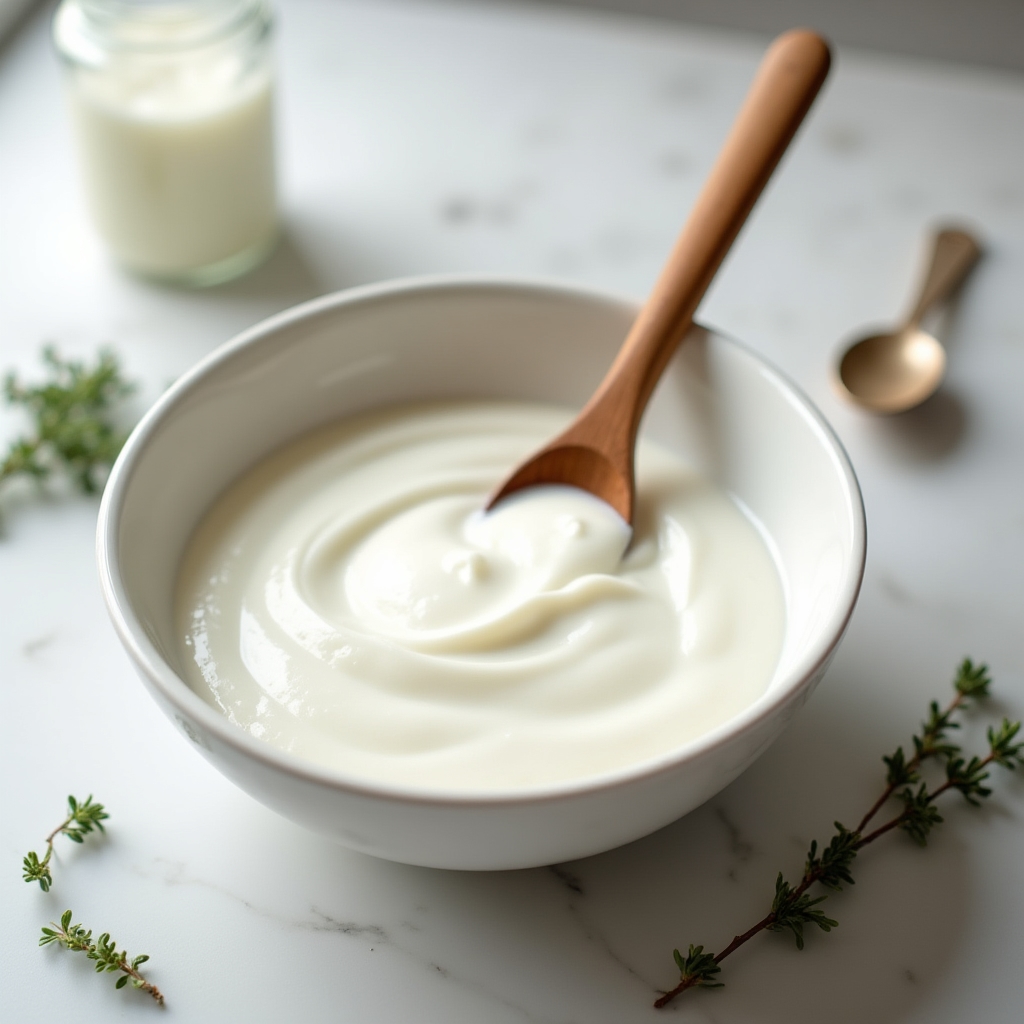 Ciotola di yogurt bianco denso con un cucchiaio di legno, su un piano di marmo bianco con un vasetto di vetro aperto sullo sfondo